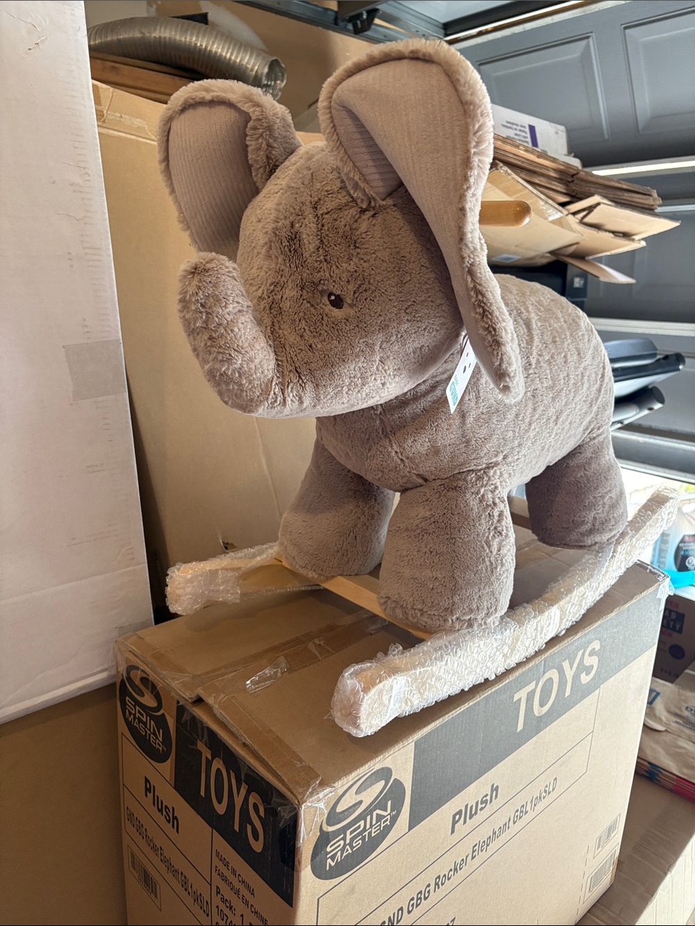 BNIB Baby Gund Plush Elephant Rocker in Gray Wooden Handles and Wood Base